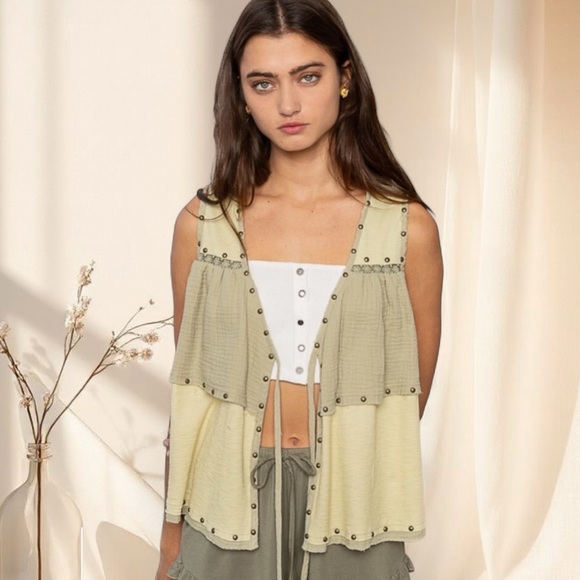 POL Matcha Green Western Vest Ruffle Drawstring Rope Tie Top - Picture 5 of 5